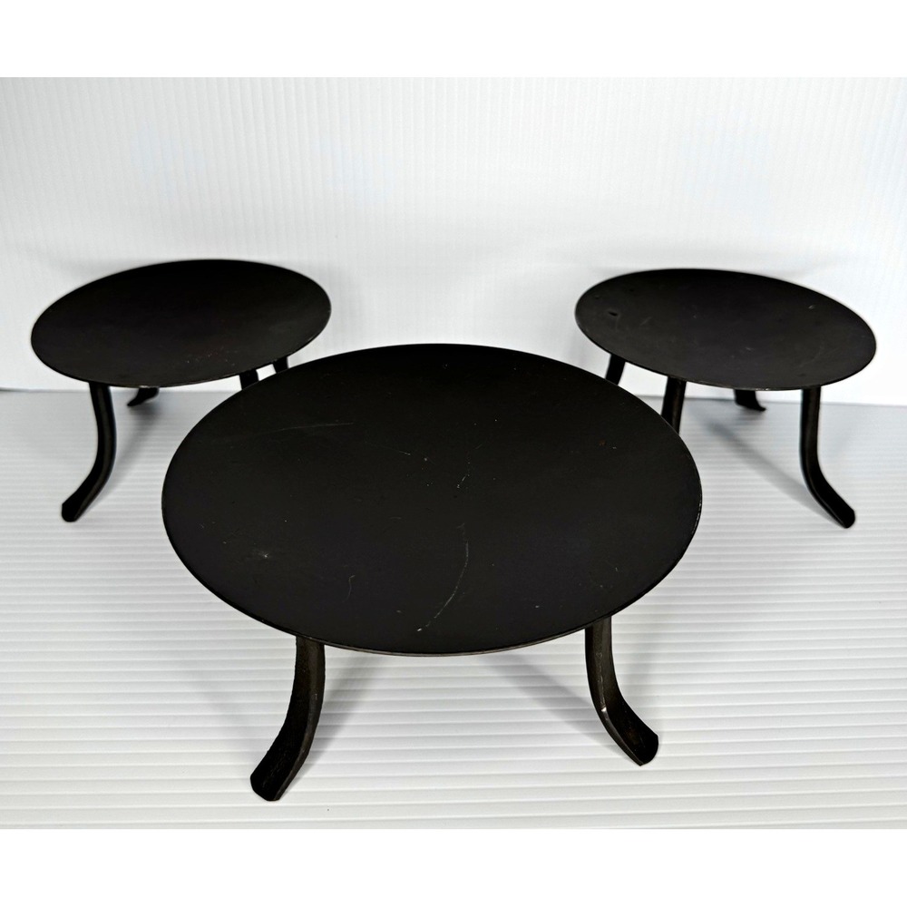 Set of 3 Black Metal Round Pedestal Display Risers Pillar Candle Stands